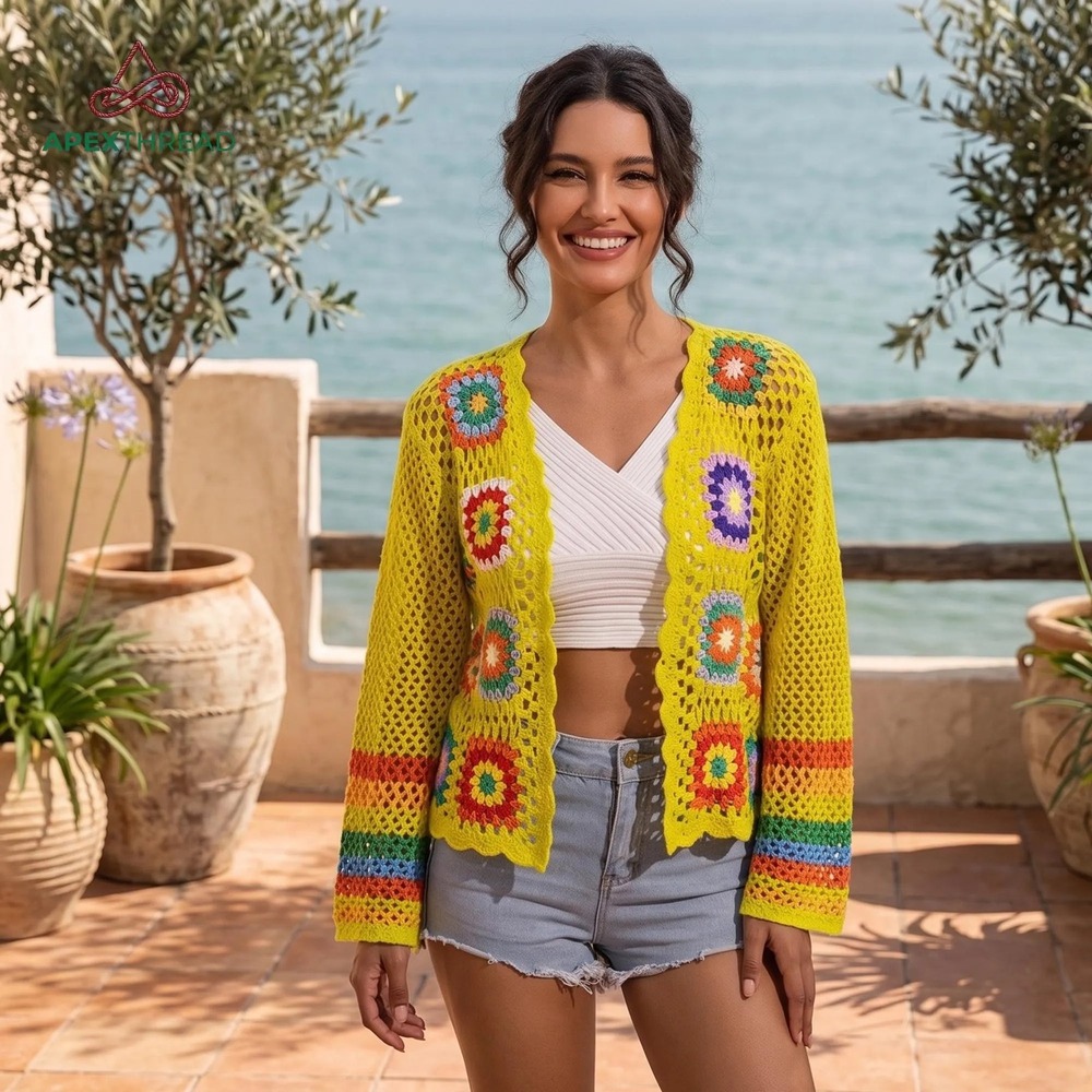 Yellow Crochet Granny Core Square Cardigan Rainbow Stripe Flare Sleeves Boho XL